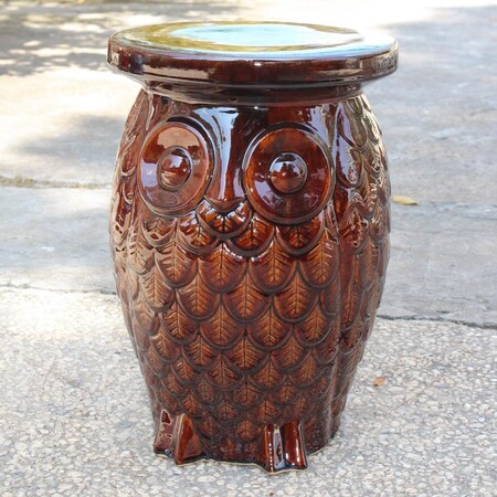 International Caravan Wise Old Owl Ceramic Garden Stool, Brown Glaze OPG-065-BN